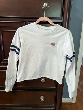Mighty Fine White Long-Sleeve Tee with Navy Sleeve Stripes and Flag Patch